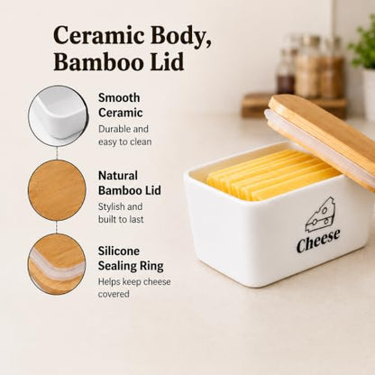 Cheese Container for Refrigerator, Ceramic Cheese Keeper with Airtight Bamboo Lid, Lunch Deli Meat Containers for Fridge,Shredded Cream Block Sliced,Grated,Cheddar Cheeses Storage Box Saver keeper