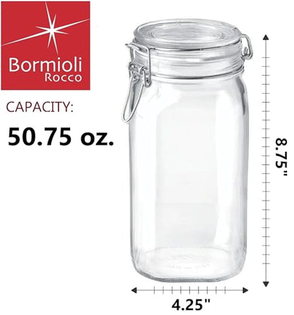 Bormioli Rocco Fido Squared Wide Mouth Glass Jar with Airtight Gasket Clamp Lid for Canning and Food Storage, Clear Top, 50.75 oz.