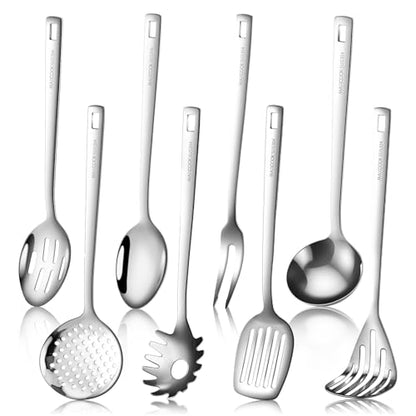18/8 Stainless Steel Cooking Utensil set, 8 Pieces Metal Kitchen Utensils set, Slotted Spoon,Meat Fork,Ladle,Skimmer Spoon,Spatula,Spaghetti Server,Large Spoon,Masher (Dishwasher Safe, Silver) - size: 18/8 Stainless Steel Utensil Set of 8
