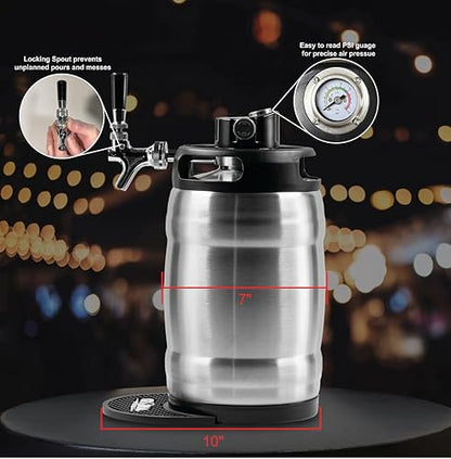 Gloria Rose 7L (1.8 Gal) Mini Keg, Pressurized Keg for Drinks, with Tap System, Co2 Regulated, Stainless Steel - size: 7L Silver
