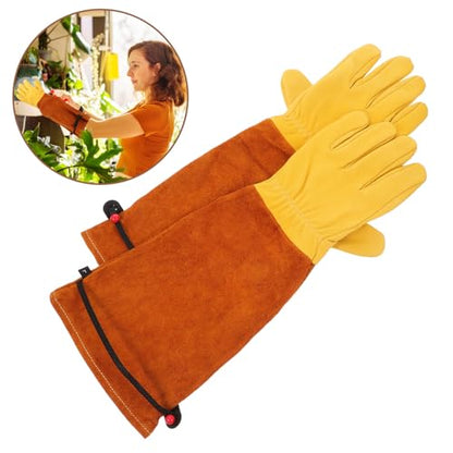 Long Sleeve Cowhide Gardening Gloves Thorn Resistant Work Gloves for Welding Beekeeping and Outdoor Planting, Size L, Gold Sheep Leather Palm with Brown Cow Split Leather Cuff