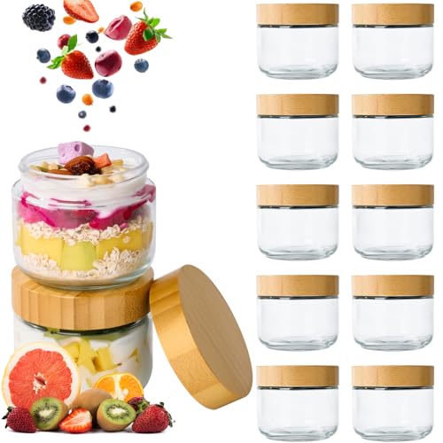 Hoa Kinh 9oz 12Pack Glass Food Storage Jars with Lids, Leak Proof Small Glass Jars for Overnight Oats, Cereal, Empty Jar with Woodgrain Lids for Kitchen - color: Woodgrain lids, size: 9oz-12Pack