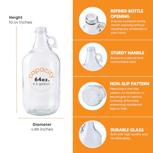 FastRack 0.5 Gallon Clear Glass Jug, Pack of 2 | Food Grade, BPA Free for Fermentation, Storage & Brewing | 64oz Glass Jug for Home Brewing, Kombucha, Wine & Beer