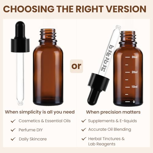 UPBUD 63 Pcs 1oz Amber Glass Dropper Bottles with Measurement, 30ml Leakproof Tincture Bottles with Funnels, Eye Droppers, Extra Caps & Labels, Refillable Empty Bottle for Tinctures, Essential Oils - color: Amber-1oz, size: 1oz