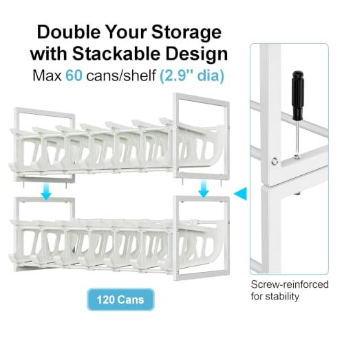 iSPECLE Pantry Can Organizer - Auto-Rolling, Expandable, Holds 120 Cans | White, Stackable For Walk-in Deep Pantry Shelve, Adjustable Width for Food Cans, Sturdy Metal Frame, Easy Access & Restocking - color: 120 Cans, White