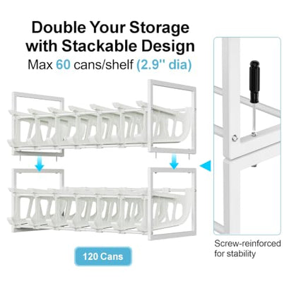 iSPECLE Pantry Can Organizer - Auto-Rolling, Expandable, Holds 120 Cans | White, Stackable For Walk-in Deep Pantry Shelve, Adjustable Width for Food Cans, Sturdy Metal Frame, Easy Access & Restocking - color: 120 Cans, White