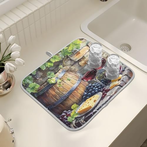 Red Wine Bottles Grapes Cheese Rustic Dish Drying Mats for Kitchen Counter Absorbent Microfiber Dish Drying Matt 16 x 18 Inch Draining Reusable Rack Pad - size: 16x18in