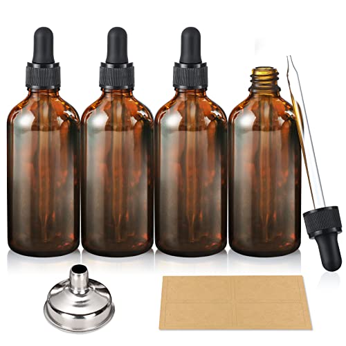 AOZITA 4 Pack, 100ml Dropper Bottles with 1 Funnel & 4 Labels - Essential Oils Bottles for Health, Personal Care & Beauty - 3.4oz Thick Dark Amber Glass Tincture Bottle with Eye Droppers, Leakproof - style: Blank Dropper