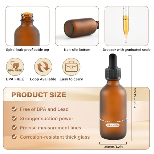 NOOEEISS 6 Pcs, 2oz Amber Glass Eye Dropper Bottle, Tincture Bottles With Dropper, Pretty Finish, Leak-Proof Design, Stronger Suction for All Kinds of Mixed Liquids - color: Amber Frosted, size: 2oz-6Pack