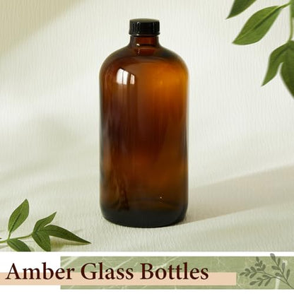 Cinnvoice 6 Pcs 32 oz Amber Boston Glass Bottles Brown Glass Bottles with Airtight Lids Quart Sized Beer Growler Dark Juice Jars for Kombucha Brewing Essential Oils Vanilla Extract Lab Holiday Gift