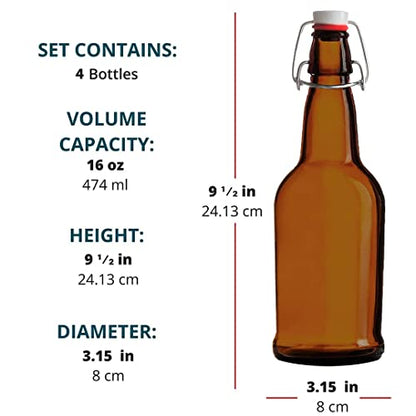 Chef's Star 16 Oz Empty Beer Bottles, Swing Top Glass Bottles, Flip Top Glass Bottle with Caps, Fermentation Home Brewing Kombucha Beer and Coquito, Amber, Set of 4