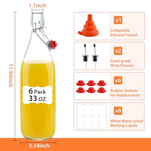 6 Pack 1 Liter Swing Top Glass Bottles, 33oz Flip Top Brewing Bottles with Airtight Stopper for Vanilla Extract, Kombucha, Beer, Kefir, Mead - size: 33oz