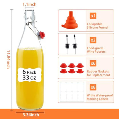 6 Pack 1 Liter Swing Top Glass Bottles, 33oz Flip Top Brewing Bottles with Airtight Stopper for Vanilla Extract, Kombucha, Beer, Kefir, Mead - size: 33oz