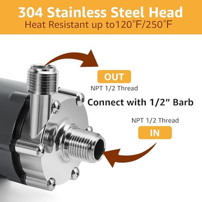 MRbrew Wort Pump Stainless Steel for Wort Transfer, Magnetic Beer Pump Brew with 1/2” NPT Thread Head, Quiet Operation & Excellent High Temperature Resistance System Beer Brewing Kit (Grey) - size: Grey Pump