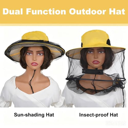 Sucrain Mosquito Head Net Hat Sun Hat Garden Bug Hat with Hidden Net Mesh for Outdoor Gardening Beekeeping - color: Bright Yellow