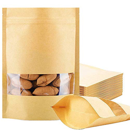 100 Pcs Resealable Stand Up kraft Paper Bags with Window for Packaging Products, Reusable Zip Lock Food Storage Pouch Bags (4.7" x 7.9") - size: 4.7" x 7.9"