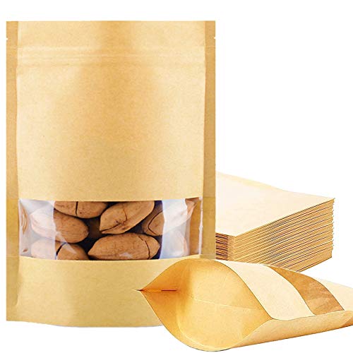 100 Pcs Resealable Stand Up kraft Paper Bags with Window for Packaging Products, Reusable Zip Lock Food Storage Pouch Bags (6.7" x 9.4") - size: 6.7" x 9.4"