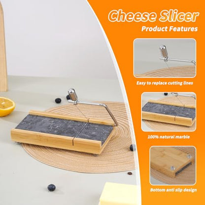 Tianman Cheese Slicer Cheese Cutter with 4 Replacement Cutting Wire,Heavy Duty 8.27"x 4.4",Marble Board Cheese Slicer for Block Cheeses, Butter,Cakes and More(Black Grey) - color: Black