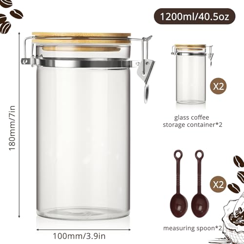 VZZNN 2 Pack 40.5oz Coffee Bean Storage Container with Airtight Bamboo Lids Glass Airtight Coffee Canister with Scoop Storage Container for Grounds Tea Cereal Sugar