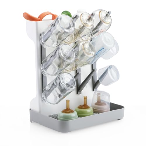 PandaEar Baby Bottle Drying Rack, Vertical Space-Saving Bottle Dryer Stand for Countertop with Removable Water Tray & Pegs, Holds Bottles, Nipples, Sippy Cups & Accessories, Grey