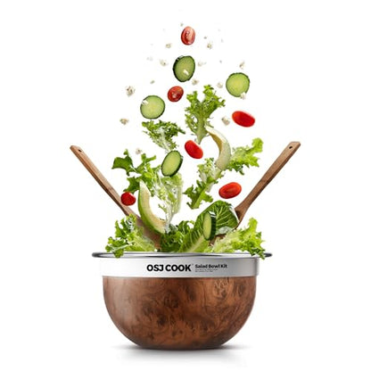 74oz Salad Bowl Kit with Lid & Tray, Scratch-Resistant 18/8 Stainless Steel Salad Bowls To Go For Lunch, Large Leak-Proof Container with 2 Condiment Canisters, Wood - color: Brown
