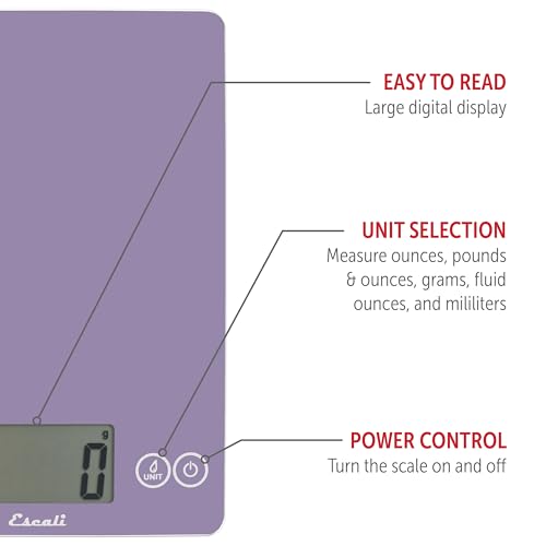 Escali Arti Glass Food Scale Digital Countertop Kitchen, Baking and Cooking Scale with Large Display, 15-Pound Capacity, 9" x 6.5" x .75", Classic Violet - color: Violet