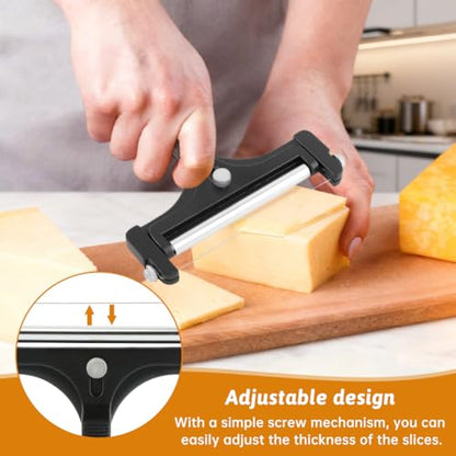 Stainless Steel Wire Cheese Slicer With 10 Extra Wires and Wrench, Adjustable Thickness Handheld Cheese Block Cutter for Butter Mozzarella Cheddar(COLOR:Black) - color: Black