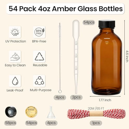 TBWIND 54 Pack 4oz Amber Glass Boston Round Bottles with Airtight Caps | Refillable Glass Bottles for Vanilla Extract, Homemade Liquids, Syrups, Oils & DIY Crafting with Droppers, Labels & Funnels - size: 4oz