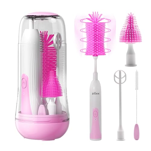 Electric Bottle Brush Cleaner, Portable Electric Baby Bottle Brush Cleaner for Travel, Rechargable Travel Bottle Cleaner Kit with Nipple & Straw Brush, Perfect Mom Essentials After Birth Gift, Pink - color: Pink, size: Round Model for Home Use