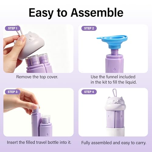 4 in 1 Portable Travel Dispenser Bottle Set (4 x 15 mL) Refillable Leakproof Travel Bottles with Cleaning Brush, Carabiner, Labels, Drawstring Pouch & 4 Funnels for Shampoo, Lotion & Body Wash(Purple) - color: Purple
