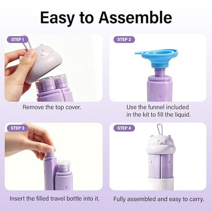 4 in 1 Portable Travel Dispenser Bottle Set (4 x 15 mL) Refillable Leakproof Travel Bottles with Cleaning Brush, Carabiner, Labels, Drawstring Pouch & 4 Funnels for Shampoo, Lotion & Body Wash(Purple) - color: Purple