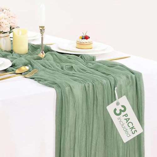 3 Pack Sage Green Cheesecloth Table Runner 35x120 inch, Semi Sheer Boho Gauze Cheese Cloth Fabric Table Runners for Wedding Party Baby Shower Day Home Decor - color: Sage Green, size: 10ft x 3pcs