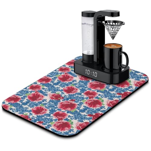 Washable Non-Slip Pioneer Flower Dish Drying Mats,Super Absorbent Quick Drying Mat For Kitchen Counter Home Large Coffee Bar Pad Accessories And Decor 19.5''x12'' (Blue Red Flower, 19.5*12) - color: Blue Red Flower, size: 19.5" x 19.5"