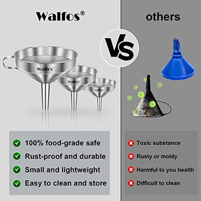 Stainless Steel Funnel, Walfos 3 Pack Kitchen Funnel with 2 Removable Strainer ＆ 1Pcs Cleaning Brush, Perfect for Transferring of Liquid, Oils, Jam, Dry Ingredients & Powder - color: 3pcs funnel 5.7+4.9+4.1 inch