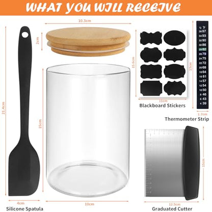 Kmise Sourdough Starter Jar, 34 Oz DIY Pro Glass Sourdough Starter Jar Kit With Thermometer, Silicone Spatula, Blackboard Stickers and Cutter - color: Clear