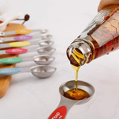 Magnetic Measuring Spoons Set of 9 Stainless Steel Stackable Dual Sided Teaspoon Tablespoon for Measuring Dry and Liquid Ingredients Fits in Spice Jars - color: Measuring Spoons