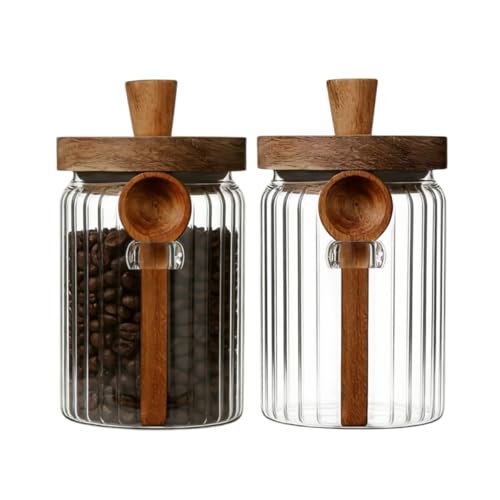 ANSQU Glass Jar with Wooden Lid & Spoon, 20.3oz Food Storage Containers Coffee Jar Coffee Grounds Container, Coffee Canister holds up to 7.4oz Coffee Beans (2 Pack) - size: 20.3oz-2pack-stripe