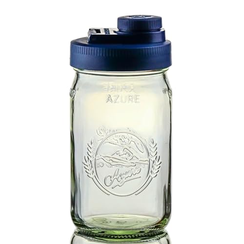 Brewing America Glass Mason Jar Pitcher with Lid - Azure Standard Jars, 1 Quart (32 oz) with Old Glory Blue Wide Mouth Pour Lid, for Smoothie, Boba Cup, Sun Tea, Cold Coffee Glass Tumbler, 2-Pack - color: Old Glory Blue