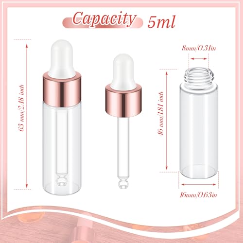 Didaey 200 Pcs 1/2/3/5/10/15 ml Mini Glass Oil Dropper Bottle Bulk, Clear Essential Small Empty Bottles Sample Containers Perfume Liquid Vials with Cap for Traveling (5 ml,Rose Gold) - color: Rose Gold, size: 5 ml