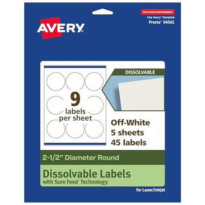 Avery Dissolvable Round Labels, Sure Feed Technology, 2.5" Diameter, Matte White, Print-to-The-Edge, Laser/Inkjet Printable, 45 Labels Total - style: 45 labels