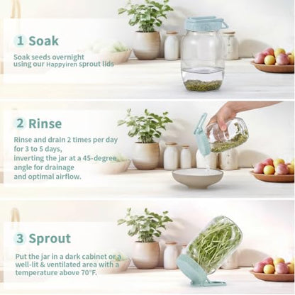 Happyiren Sprouting Kit for Wide Mouth Mason Jars, 2-Pack BPA-Free | One-Piece Sprouting Lids with Built-In Stand, Seed Germination Jar Sprouter Lid, Fits Wide Mouth Jars (3.38"/86mm) - color: Sage Green