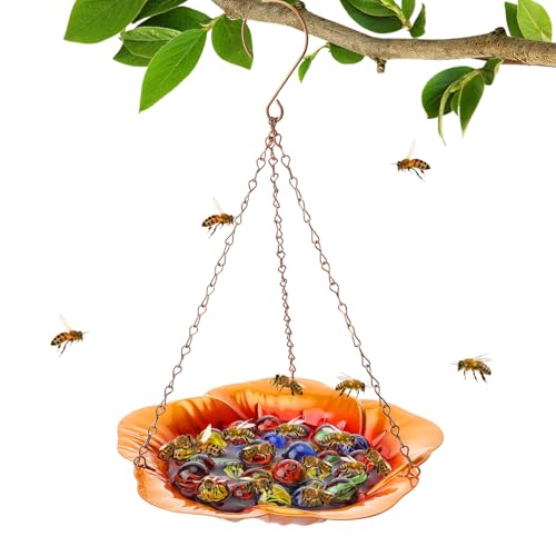 Bee Feeder with Vivid Hibiscus Design - Anti-Rust Iron Bee Watering Station for Feeding, Colorful Butterfly Bath Bowl Bee Cups with 30 Glass Marbles for Outdoor Yard Garden Decor Gifts (Orange) - style: Orange Hibiscus