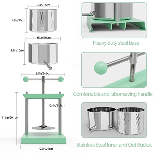 Cheese Tincture Herb Fruit Wine Manual Press with Reusable Filter Bags,Stainless Steel Barrels Press Machine for Juice, Vegetable,Wine,Olive Oil