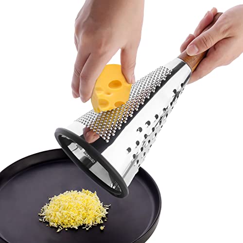 Cone Cheese Grater with Handle - Stainless Steel Triple Function Wood Handle Parmesan Shaver Non-Slip Rubber Bottom Hand Held Multifunction Vegetables Cheese Grater with container (M: 9.4" X 4.3") - size: Size M: 9.4" X 4.3"