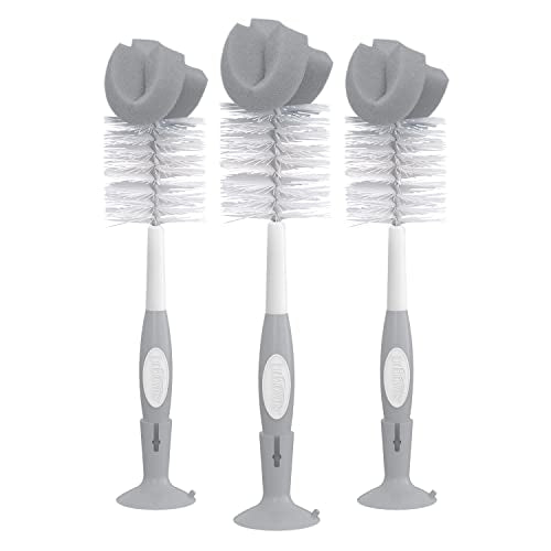 Dr. Brown's Reusable Sponge Baby Bottle Cleaning Brush Set with Suction Cup Stand, Scrubber and Nipple Cleaner, Gray, 3 Pack - color: Gray Bottle Brush, size: 3-Pack