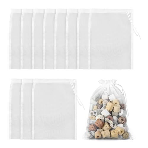 12 Pieces Aquarium Filter Media Bag with Drawstring, 200 Micron Aquarium Mesh Bag, Reusable High Flow Fish Tank Filter Pouch for Bio Balls Impurities Filtration (5.9" x 7.8") (12)