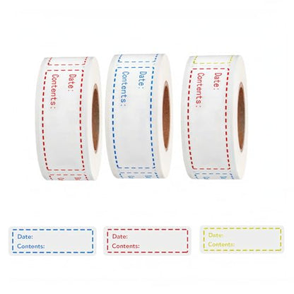 Freezer Labels 375pcs - 3"x1" Self-Adhesive Removable Food Labels | Write-On Waterproof & Oil-Proof Tape for Containers, Meal Prep & Pantry Organization (3 Rolls, 3 Colors) | BPA-free waterproof stickers leave zero residue. Safe for freezer, microwave & o