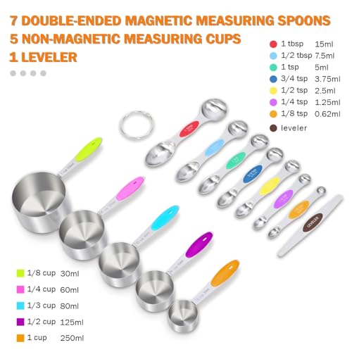 13-Piece Magnetic Measuring Spoons and Cups Set, Stainless Steel Kitchen Measure Tools with Silicone Handles, Nesting Dry and Liquid Measuring Cups for Baking Cooking (Multicolor) - color: Multicolor