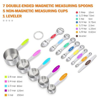 13-Piece Magnetic Measuring Spoons and Cups Set, Stainless Steel Kitchen Measure Tools with Silicone Handles, Nesting Dry and Liquid Measuring Cups for Baking Cooking (Multicolor) - color: Multicolor