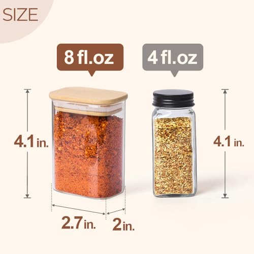 Comsaf Spice Jars with Label，8 oz Small Glass Jars with Lids, 6 Pcs Seasoning Containers, Rectangle Glass Containers with Lids, Empty Seasoning Jars for Pantry Storage, Loose Tea, Herbs, Powders, Salt - size: 8oz-6Pcs